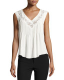 Lace-Inset Sleeveless Silk Top, Chalk
