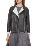 Leather Biker Jacket w/Contrast Stitching, Black/Moonstone