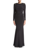 Starla Embellished-Shoulder Gown, Black