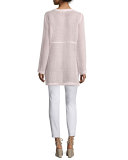 Long-Sleeve Button-Front Linen Mesh Top, Opal