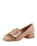 Suede Jewel-Buckle 35mm Loafer, Nudo