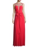 Embroidered Illusion-Neck Gown, Red