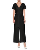 Short-Sleeve Wide-Leg Wrap Jumpsuit, Black