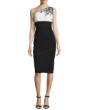One-Shoulder Embellished Jersey Cocktail Dress, Black/White