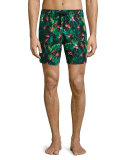Mahina Pixel-Print Swim Trunks, Chlorophyl