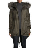 Fur-Trimmed Hooded High-Low Hem Parka, Loden