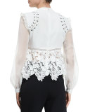Floral-Lace Long-Sleeve Top, Cream