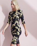 Carnation-Print Techno Dress, Black/Yellow