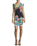 Cap-Sleeve V-Neck Floral-Print Dress, Black/White/Blue