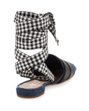 Denim/Ribbon Ankle-Wrap Slide Flat, Bleu