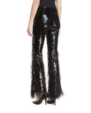 Sequined Flare-Leg Pants with Feathers, Black