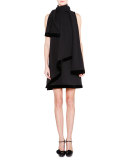 Velvet-Trim Shift Dress W/Scarf, Black