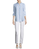 Sabira Long-Sleeve Striped Linen Blouse, Cerulean Blue Multi
