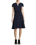 Tweed Short-Sleeve A-line Dress, Navy/Black