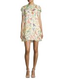 Flutter-Sleeve Hummingbird-Print Shift Dress, Panna