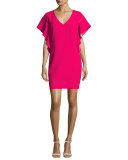Flutter-Sleeve Classic Crepe V-Neck Shift Dress, Pink Clash