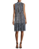 Layered Stencil-Stripe Sleeveless Dress, Caviar/Multi