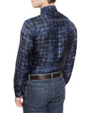 Bird-Print Plaid Silk Sport Shirt, Navy