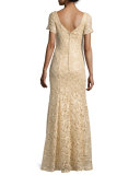 Short-Sleeve Sequined Lace Gown