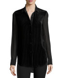 Danni Long-Sleeve Velour Striped Blouse, Black