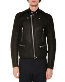 Asymmetrical-Zip Leather Jacket W/Fur Trim, Black