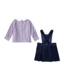 Corduroy Jumper w/ Striped Blouse, Navy, Size 9-24 Months