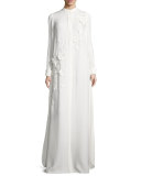 Long-Sleeve Embroidered Caftan Gown, White