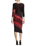 3/4-Sleeve Angled-Stripe Dress, Black/Ruby Coral