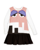 Long-Sleeve Jersey Monster Dress, White/Multicolor, Size 2-5