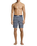 Striped Nylon Board Shorts, Navy Blue/White