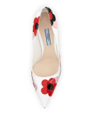 Floral-Appliqué Pointed-Toe 85mm Pump, White/Lacquer (Bianco/Lacca)