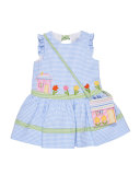 Sleeveless Gingham Seersucker Sundress w/ Bag, Blue, Size 2T-6