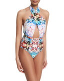 Cabana Floral-Print Cross-Halter One-Piece Swimsuit