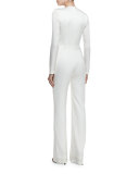 Belted Long-Sleeve V-Neck Jumpsuit, White/Midnight