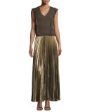 Dallin Metallic Plissé Maxi Skirt, Black/Gold