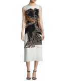 Sleeveless Horse-Print Midi Dress w/ Leather Belt, White Trocadero