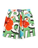 Hibiscus & Script Swim Shorts, Green/Multicolor, Size 8-12