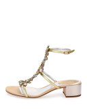 Jeweled Snakeskin T-Strap Sandal, Silver/Rose Gold