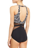 Marble High-Neck One-Piece Swimsuit, Black/White