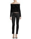 Skinny Embossed Suede Pants, Black