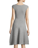 Cap-Sleeve Geometric-Textured Fit-&-Flare Dress, Gray