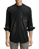 Washed Denim Mandarin-Collar Shirt, Black