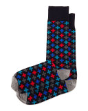 Multicolored Cross-Print Socks, Navy/Red/Multi