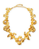 Golden Flower Statement Necklace with Pearly Beads