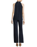 Madison Sleeveless Asymmetric Pleated Silk Blouse, Ink