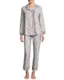 Leopard-Print Classic Pajama Set, Ivory/Gray