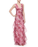 Rose-Print Organza Ruffle Gown