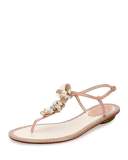 Floral-Embellished Crystal Thong Sandal, Nude