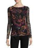 Crewneck Floral-Print Velvet Top