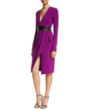 Long-Sleeve V-Neck Cocktail Dress, Orchid